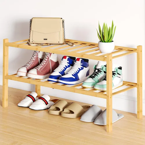 Vista 145 de Smiry Zapatero pequeño de bambú de 2 niveles, apilable, estante de almacenamiento de zapatos de madera para armario, entrada, entrada de puerta Negro