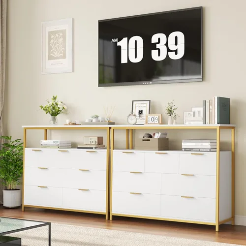 Vista 6 de FACBOTALL Cómoda moderna de 7 cajones, cómoda blanca con asas de metal, cómoda alta, organizador de almacenamiento de gran capacidad para sala