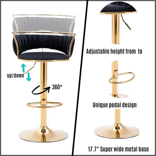 Vista 4 de LukeAlon Juego de 2 taburetes de bar ajustables de terciopelo, modernos taburetes giratorios de 360° con base dorada, sillas de bar altas tapizadas