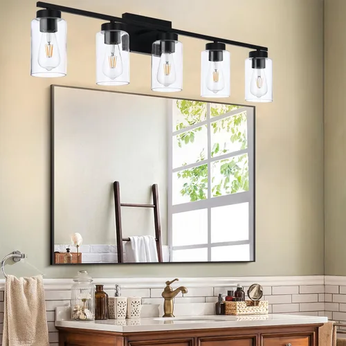Vista 7 de Lámpara de tocador de baño de 3 luces, modernas luces de pared negras con pantallas de vidrio transparente, lámpara de pared de baño para espejo