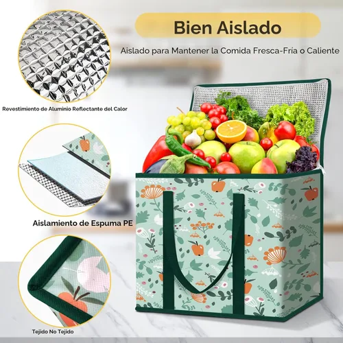 Vista 2 de BALEINE Paquete de 2 bolsas aisladas reutilizables para comestibles, bolsa enfriadora plegable para comestibles, bolsa aislante grande de alta