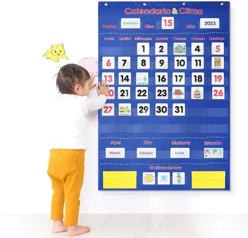 Vista 6 de Calendario bilingüe en español y tabla de bolsillo meteorológico – 142 tarjetas flash laminadas (Días, Meses, Clima) – Herramienta de enseñanza
