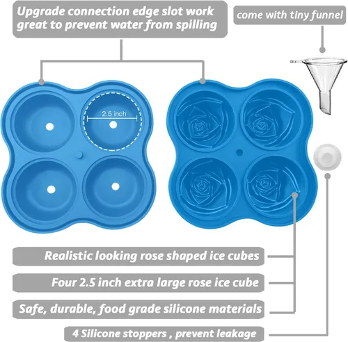 Vista 3 de CAMKYDE Bandeja para cubitos de hielo rosa de 2.5 pulgadas [1 molde + 1 embudo + 4 tapones], molde de silicona para cubitos de hielo