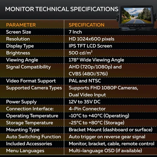 Vista 6 de Monitor universal IPS LCD de 7 pulgadas para vehículo - AHD y CVBS con NTSC y PAL - Pantalla inversa de camión RV de 12 V-35 V