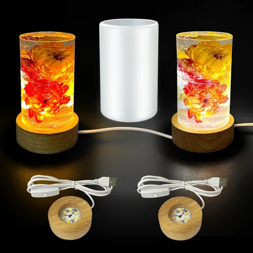 Molde de resina de luz cilíndrica, molde de resina de silicona LED con 2 soportes de base de madera iluminados por USB para bricolaje, mesa
