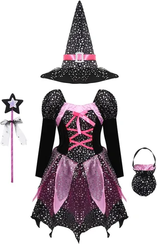 Agoky Disfraz de bruja de Halloween para niños disfraz de cosplay para niñas vestido de tutú de malla con mirada brillante con sombrero puntiagudo