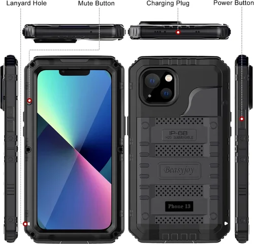 Vista 7 de Beasyjoy Funda impermeable para iPhone 13, funda de metal con protector de pantalla integrado, resistente protección de cuerpo completo, grado