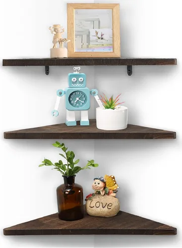 Vista 8 de Estantes Joiishom 3, rústicos de madera para esquina de pared, 10x10x0.7 pulgadas, capacidad de 42 libras
