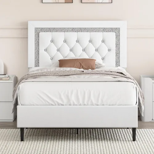 Vista 8 de BarnFurin Marco de Cama Individual con Cabecera Acolchada con Botones, Marco de Cama Plataforma Tapizada con Diseño de Diamante, Soporte de Listones