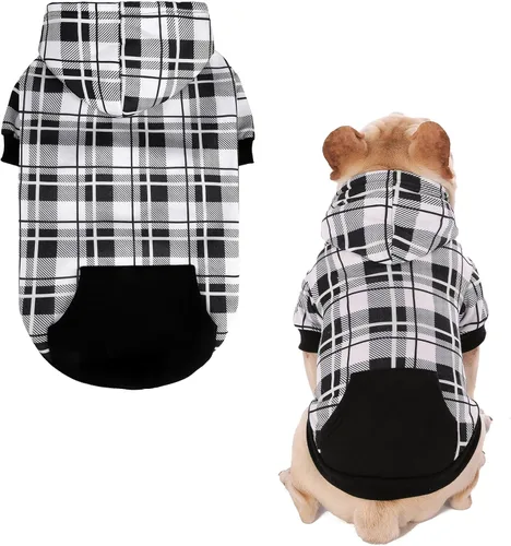 Vista 11 de EXPAWLORER Sudadera con capucha para perro a cuadros, estilo británico, suéter cálido para perro con agujero para correa, ropa de pitbull, ropa
