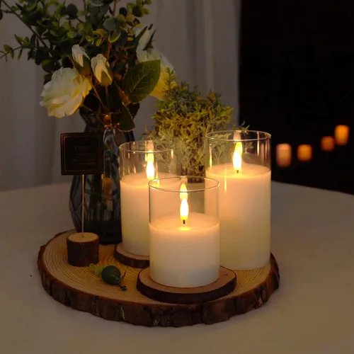 Vista 4 de Amagic Velas de cristal transparente sin llama que funcionan con pilas, temporizador, control remoto, velas LED de pilar, funcionan