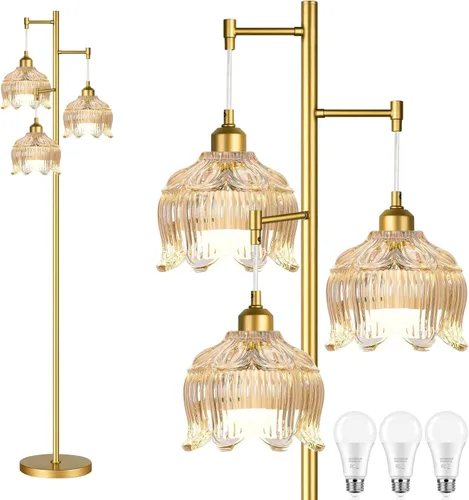 Vista 22 de Lámparas de pie doradas para sala de estar dormitorio - Lámpara de pie de vidrio de 3 luces con tres bombillas LED, lámpara de pie alta rústica