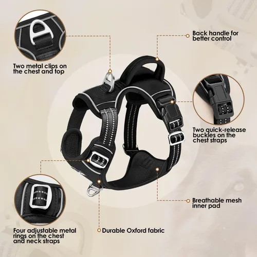 Vista 5 de SlowTon Arnés para perro sin tirones, arnés resistente sin estrangulamiento para mascotas, con 2 clips para la correa y mango vertical de fácil