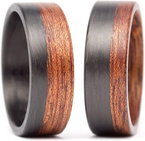 Set of two carbon fiber and bentwood cedro wedding bands. Wooden matte rings. Water resistant and hypoallergenic. (00404_7N_00405_7N)