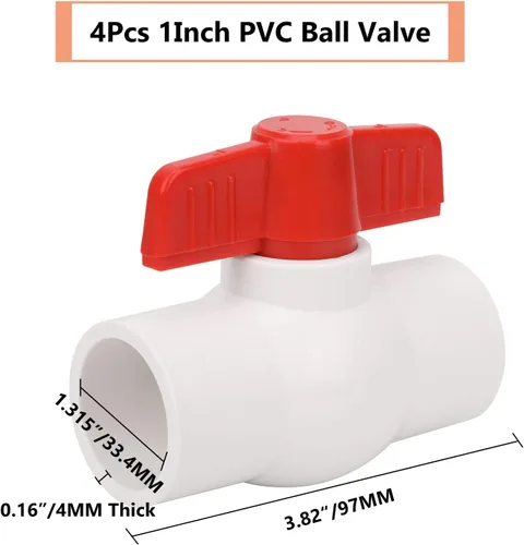 Vista 2 de 4 piezas de válvula de bola de PVC de 1 pulgada enchufe de válvula de cierre de tubo de agua con mango en T rojo para líneas de suministro de agua