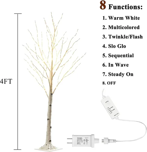 Vista 2 de Hairui Árbol de abedul iluminado con 200 luces multicolor y luces de hadas blancas cálidas, 8 funciones, 4 pies, árbol de ramitas blancas con luces