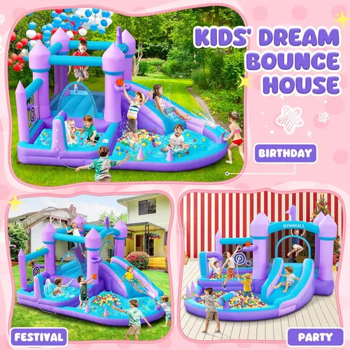 Vista 3 de Casa de Rebotes Inflable para Niños 3-8, Castillo Hinchable Grande Morado con Tobogán, Soplador de Aire de 480W, Espacio para Saltar, Piscina