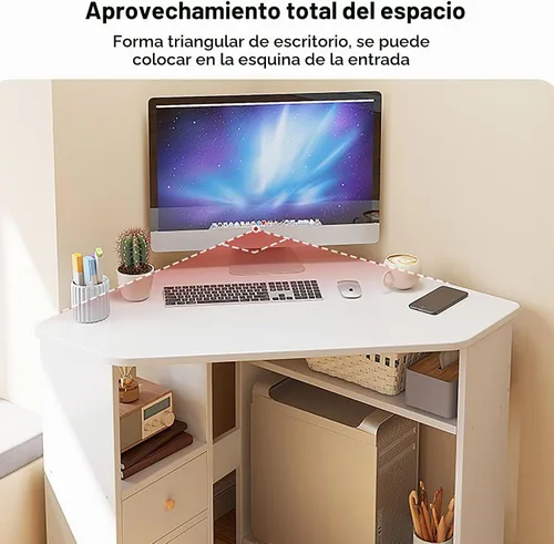 Vista 7 de Escritorio esquinero para espacio pequeño, escritorio de computadora triangular con estantes de almacenamiento y soporte para CPU, mesa de tocador