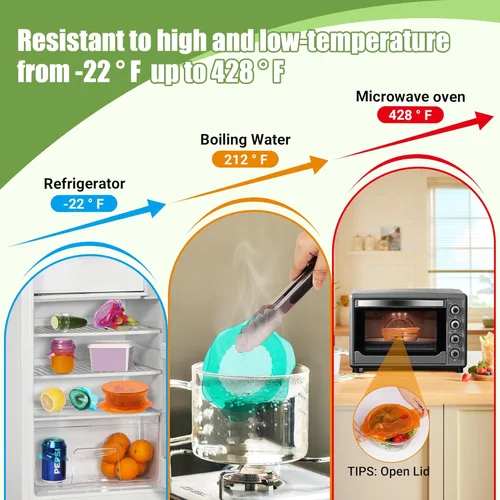 Vista 6 de Tapas elásticas de silicona para almacenamiento de alimentos en refrigerador, cubiertas de tazón elásticas reutilizables para tazas, latas, frascos