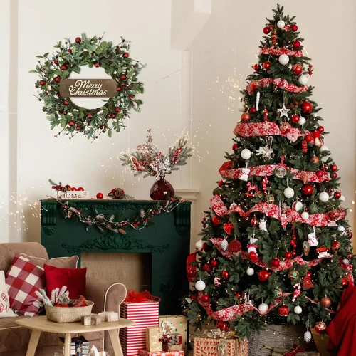 Vista 7 de YNYLCHMX Corona de Navidad de 20 pulgadas para puerta delantera, corona de invierno con letrero de bienvenida, hojas de eucalipto, bayas rojas