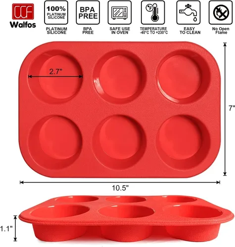 Vista 6 de Walfos - Molde de silicona para magdalenas de 6 tazas, molde antiadherente para cupcakes para hornear, de grado alimenticio y sin BPA, perfecto