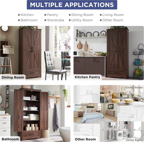 Vista 30 de Armario estilo casa de campo para despensa de cocina, muebles de madera de 72 pulgadas de alto con estantes ajustables, 2 puertas tipo granero