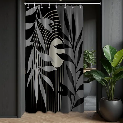 Cortina de ducha bohemia en negro y gris, cortinas de ducha modernas de mediados de siglo negro y gris para baño, juego de tela impermeable con