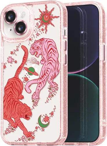 Vista 120 de Compatible para iPhone 13 Funda Bonita Estética - Funda para Teléfono Rosa con Purpurina con Protector de Cámara - Diseño de Cubierta