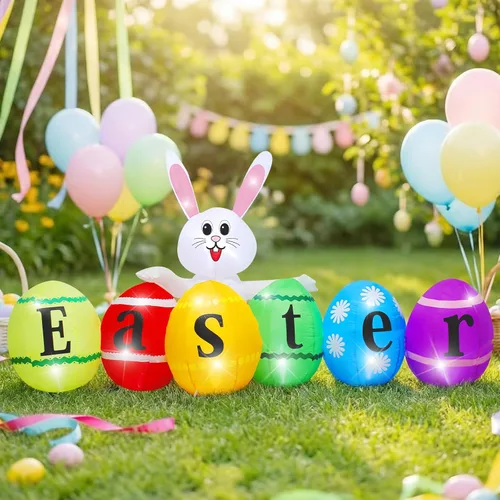 Vista 5 de Conejito inflable de Pascua de 8 pies de largo con huevos, luces LED integradas, decoración de conejo inflable para interiores y exteriores, patio