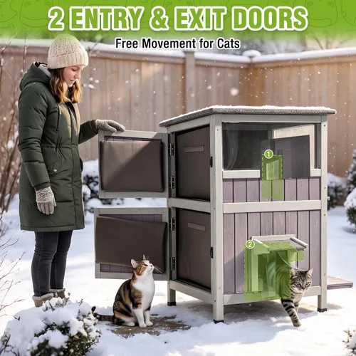 Vista 7 de GUTINNEEN Heated Outdoor Cat House Weatherproof, Insulated Liner, Outside 2-Story Wooden Shelter, 8-Layer Heating Pad, Chew-Resistant Power Cord