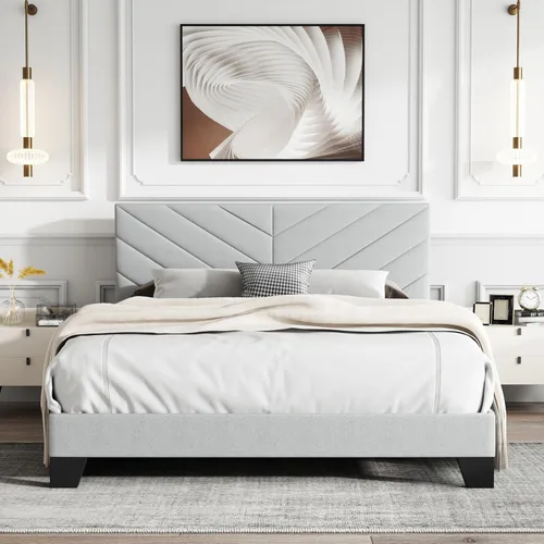 Vista 15 de Cama de plataforma tapizada de tamaño matrimonial, base de cama matrimonial con cabecera copetuda, marco resistente y listones de madera