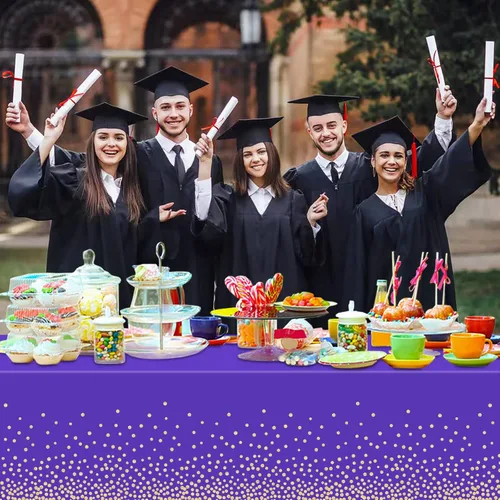 Vista 5 de 2 manteles de plástico morado y dorado para mesa rectangular de 8 pies, 54 x 108 pulgadas, fundas desechables de mesa de fiesta con lunares dorados