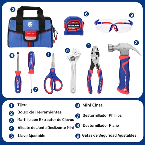 Vista 3 de WORKPRO Juego de herramientas de mano para niños de 9 piezas, kit de herramientas junior azul con bolsa de almacenamiento para niños, niñas, niños