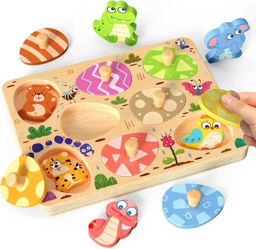 Zeoddler Rompecabezas de madera para niños pequeños, 8 piezas de rompecabezas de huevo de animales coincidentes, juguetes Montessori para niños y