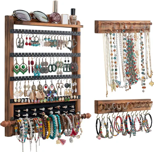 Organizador de pendientes de madera, organizador de joyas de pared Brown+black