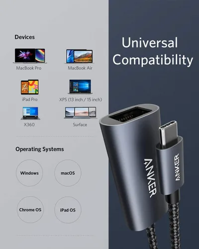 Vista 4 de Anker Adaptador USB C 3.0 a Ethernet, concentrador de red portátil de 1 Gigabit, 10/100/1000 Mbps, para MacBook Pro, iPad Pro 2019/2018, ChromeBook