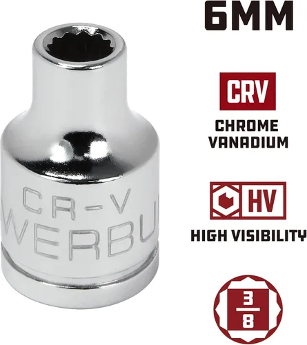 Vista 12 de Powerbuilt Enchufe poco profundo de 3/8 pulgadas x 1/4 pulgadas, enchufe de 12 puntos, hecho de cromo-vanadio, marcado de tamaño láser - 641000