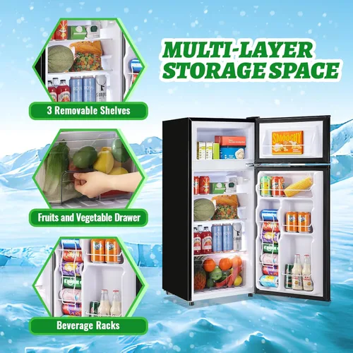 Vista 3 de DEMULELR - Mini refrigerador pequeño de 4.5 pies cúbicos con congelador, mini refrigerador negro de dos puertas con cajón para verduras y espacio