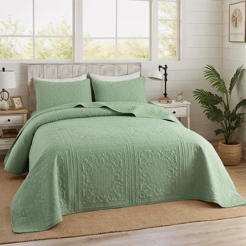 Vista 2 de Brandream Juego de edredón de algodón verde salvia, juego de ropa de cama de casa de campo de casa de campo, juego de colcha de 2 piezas