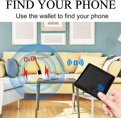 Vista 3 de Cartera para hombre con rastreador funciona con iOS y Android, billetera con billetera plegable de cuero auténtico, 8 tarjetas y 1 ventana para Negro