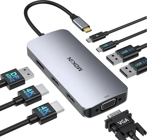 Vista 11 de Estación de acoplamiento USB C 4 monitores 13 en 1, HDMI dual+8K DP+VGA, 10Gbps, 100W PD, 6 puertos USB C/A, Ethernet, SD/TF, estación