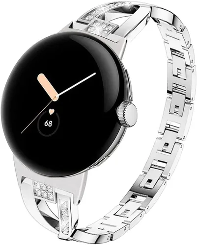 Vista 6 de Correa compatible con Google Pixel Watch – Cadena de repuesto de metal para mujer, pulsera de joyería brillante con diamantes de imitación para Negro
