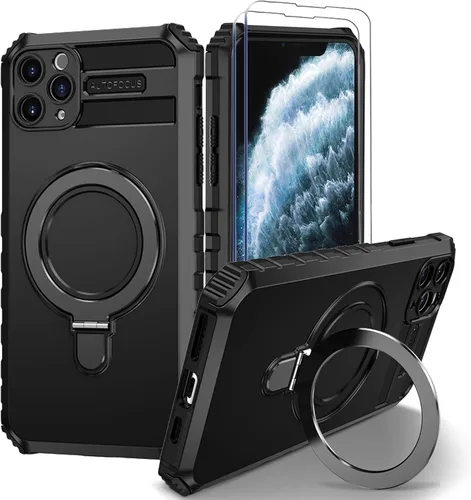 Vista 23 de Funda magnética para iPhone 11 [compatible con MagSafe] con 2 protectores de pantalla de vidrio templado con soporte de anillo, grado militar