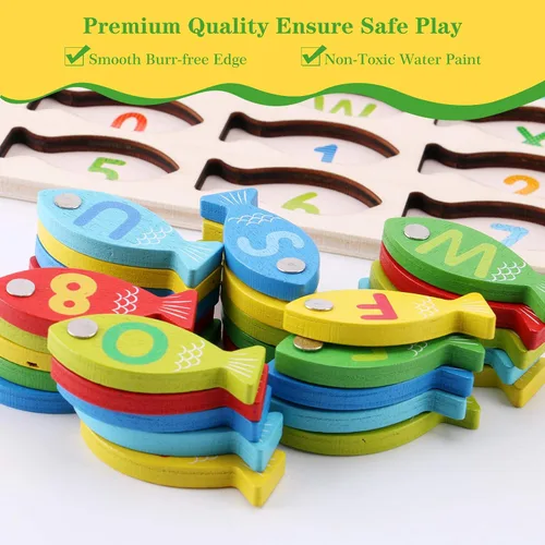Vista 5 de Juego de pesca de madera magnético para niños pequeños – Alfabeto ABC Fish Catching Counting Aprendizaje Educación Matemáticas Preescolar