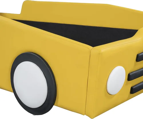Vista 126 de Cama de plataforma en forma de auto de carreras de tamaño individual con ruedas, marco de cama de plataforma de madera con dos asientos y soporte