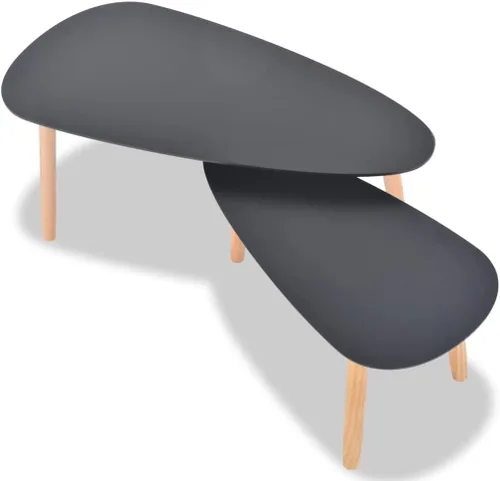 Vista 6 de Juego de mesa de centro de 2 piezas de madera de pino maciza, color negro, grandes mesas de comedor para sala de patio, mesa de centro para balcón