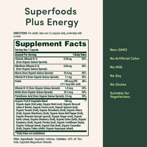 Vista 6 de Nature's Bounty Superfoods Plus Energy para apoyar la energía celular, suplemento de 23 frutas y verduras, 30 cápsulas
