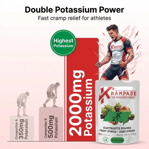 Vista 3 de Krampade Polvo de electrolitos con alto contenido de potasio, ponche de frutas sin azúcar, 4180 mg de electrolitos, 2000 mg de potasio, alivio