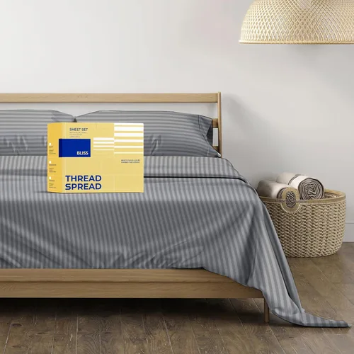 Vista 27 de THREAD SPREAD Hotel Collection - Juego de sábanas de 600 hilos de algodón egipcio, satinado, 4 piezas, Algodón, Gris oscuro - Rayas, gemelo Rayas