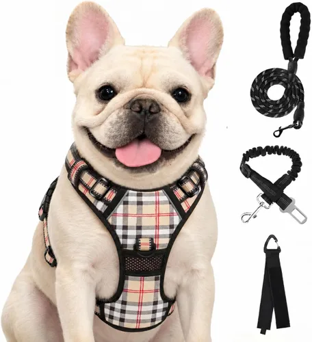 Vista 35 de FURRYFECTION Arnés a cuadros para perros pequeños, chaleco reflectante ajustable sin tirones para mascotas con clip frontal, correa, asa de fácil